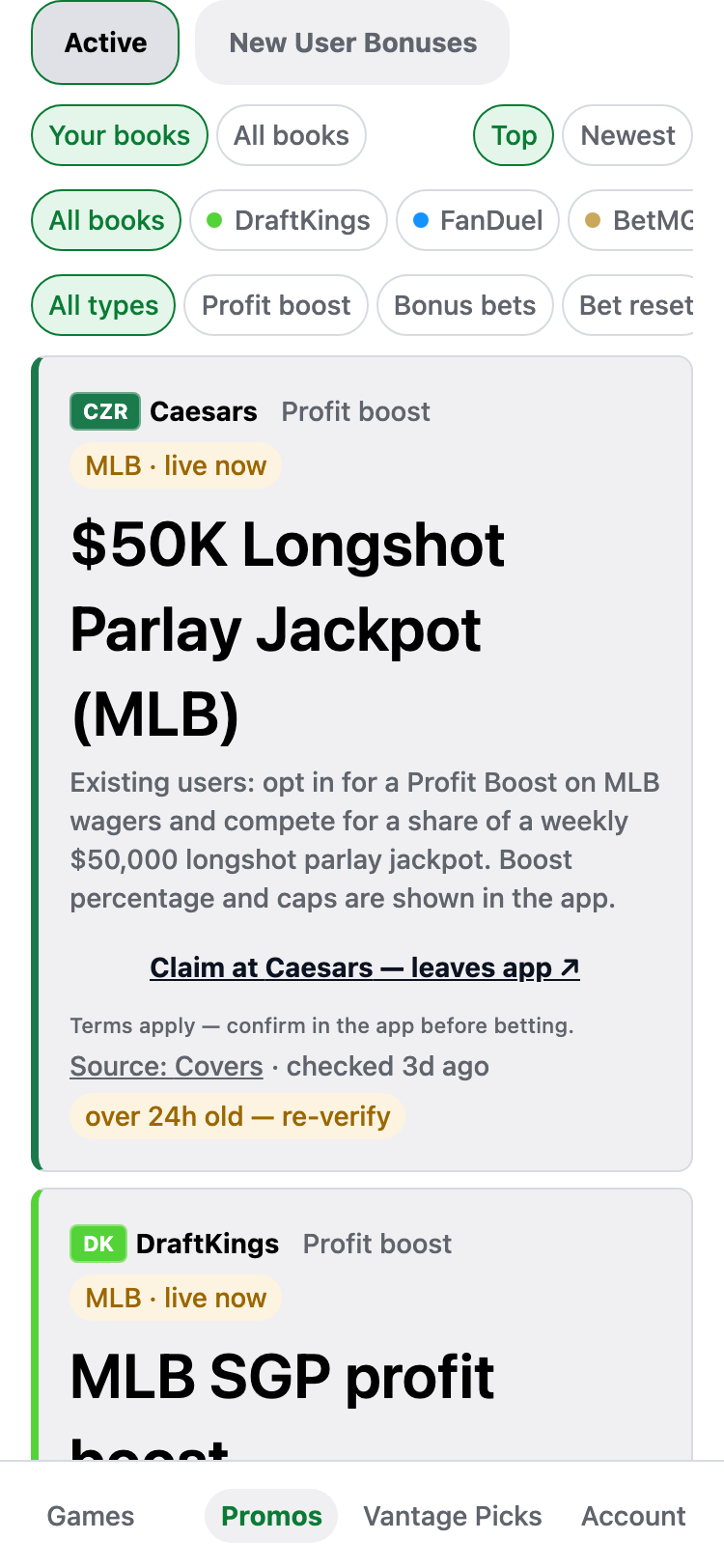 The BetVantage promos board: active sportsbook offers such as a Caesars profit boost and a DraftKings same-game-parlay boost, each with source attribution and a reminder to confirm the terms in the book's app.
