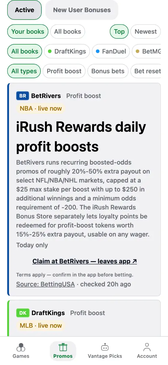 The BetVantage promos board: active sportsbook offers such as a BetRivers iRush Rewards daily profit boost and a DraftKings profit boost, each with a source attribution line and a reminder to confirm the terms in the book's app before betting.